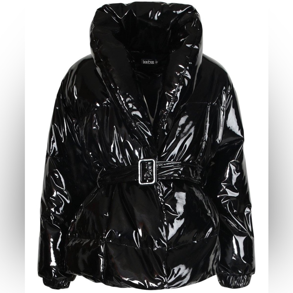 BOOHOO LIKE NEW VINYL HIGH SHINE PUFFER BOMBER JACKET BELTED COAT SIZE US 8